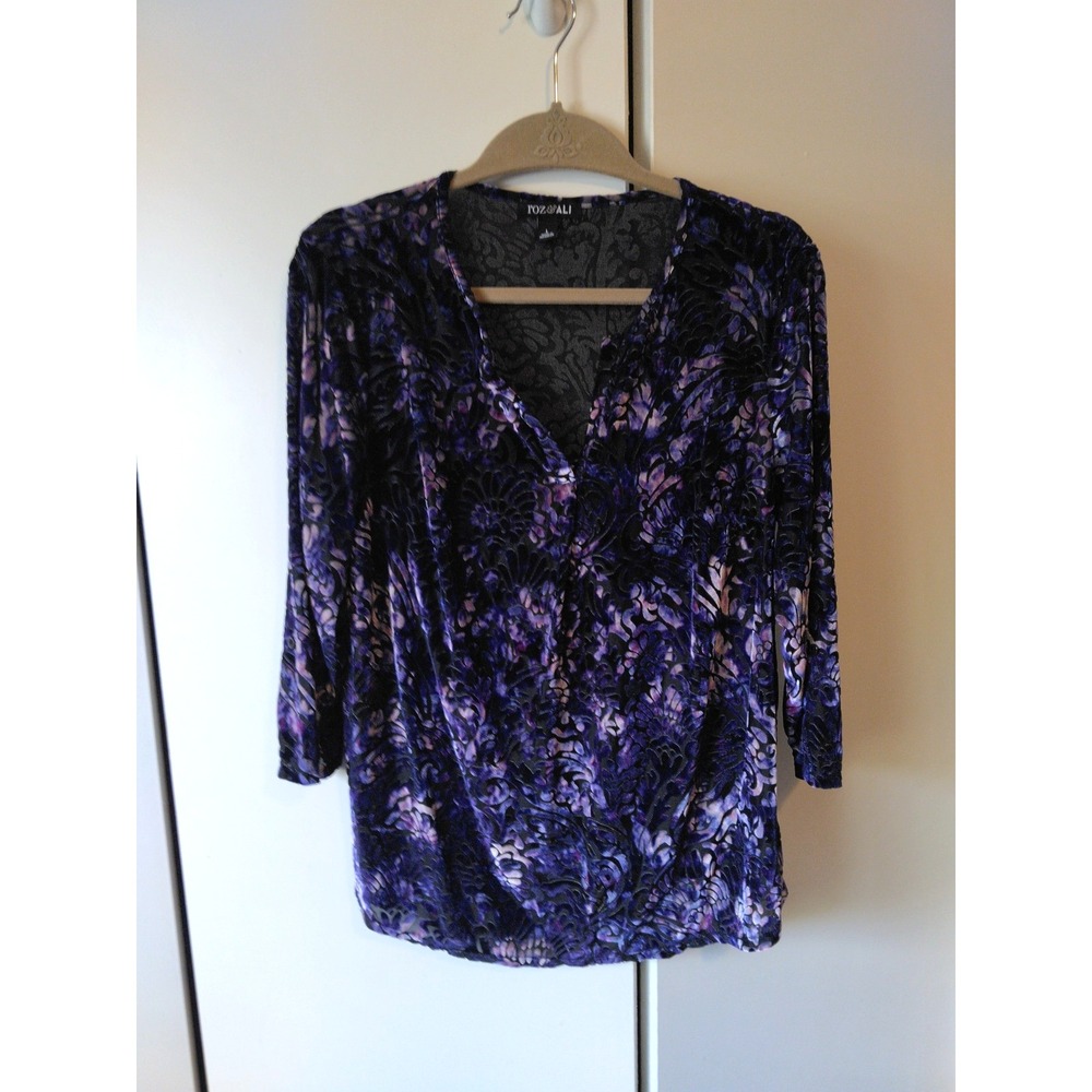 Roz and Ali Velvet Burnout Womens Top Size L Purple Sheer Floral Boho Whimsigoth